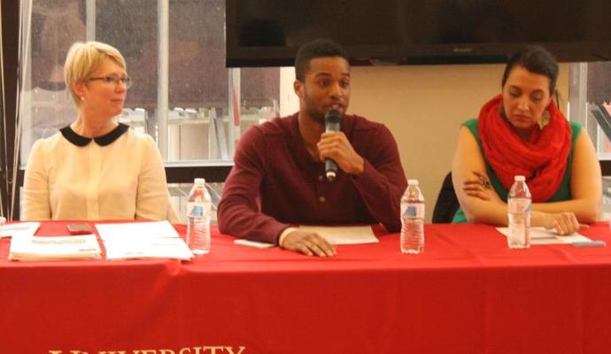 Recent graduate men's lacrosse student-athlete Stevens Cadet (middle) was a panelist for the Entrepreneurship Club's year-end event.