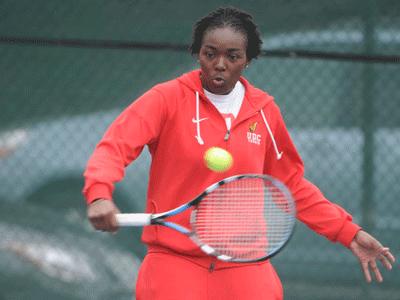 Ty Abilla on her way to winning her singles match at Virginia State
