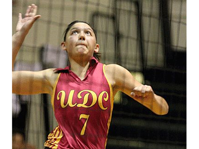 Karen Trevino (pictured) and Grace DeMichelis made 9 kills apiece in sweep of Goldey Beacom